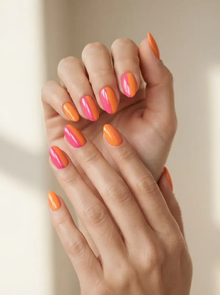 Orange and Hot Pink Colorblock Nails