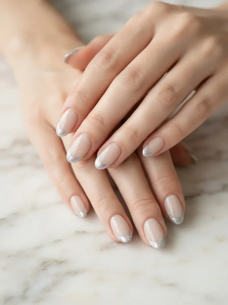  Silver Glitter French Nails