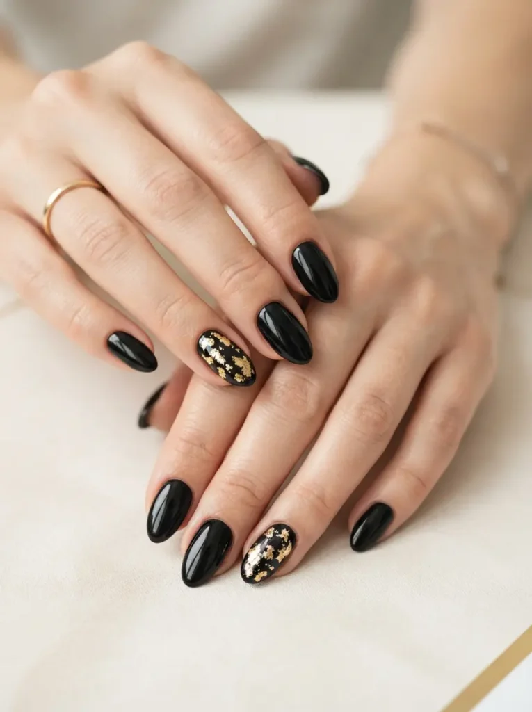 Black and Gold Foil Nails