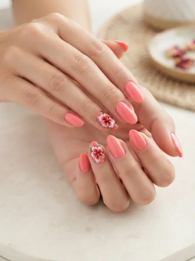 Hibiscus Flower Accent Nails