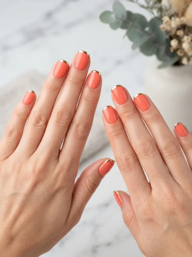 Gold Chrome French Over Coral Nails